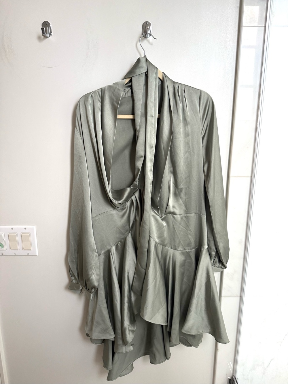 Satin Tie-Neck Ruffle Mini Dress | Sage Green | Size M